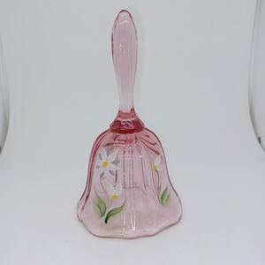 VTG Fenton Art Glass 9667 EN Rose 7" Bell hand painted white blue flowers Signed